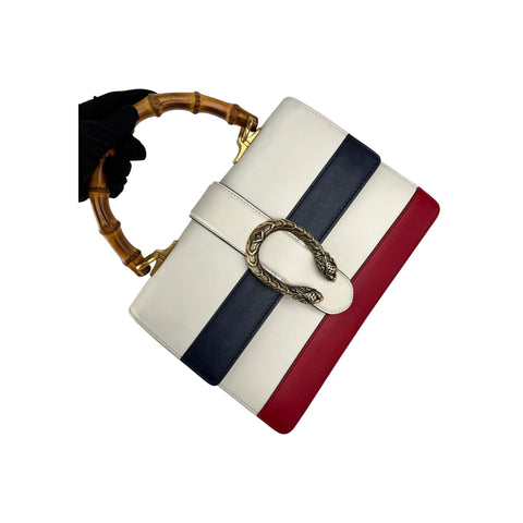 Gucci White/Blue/Red Striped Leather Bamboo Top Handle Medium Dionysus Bag