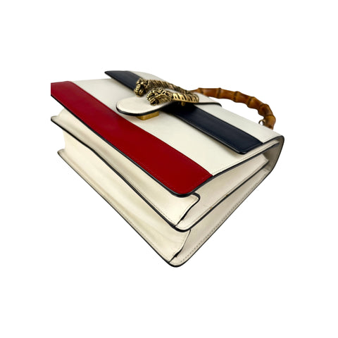 Gucci White/Blue/Red Striped Leather Bamboo Top Handle Medium Dionysus Bag