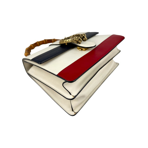 Gucci White/Blue/Red Striped Leather Bamboo Top Handle Medium Dionysus Bag