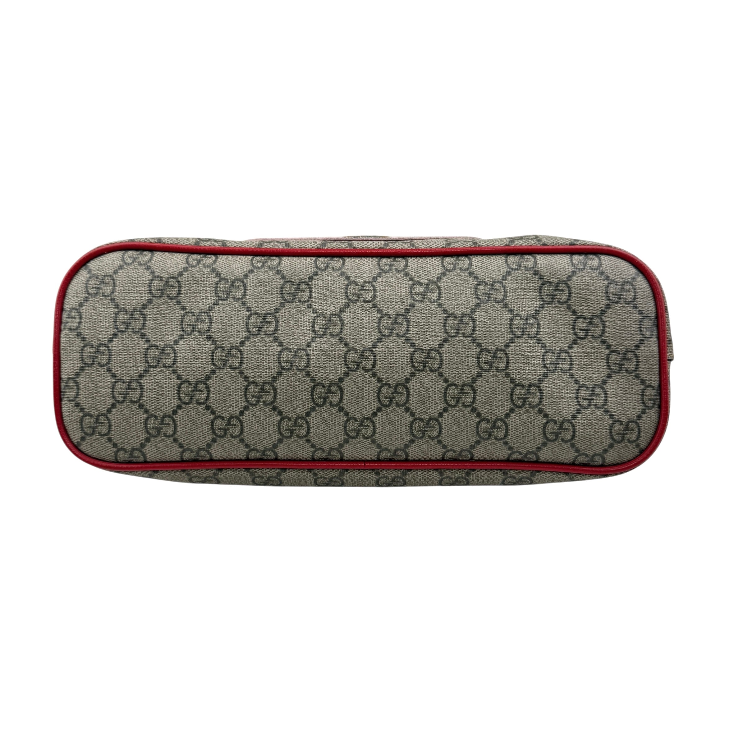 gucci beige/brown cc supreme coated canvas red leather bosco tote bag bottom