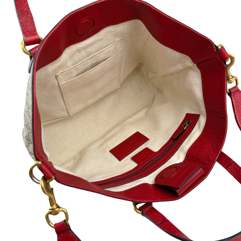 gucci beige/brown cc supreme coated canvas red leather bosco tote bag inside