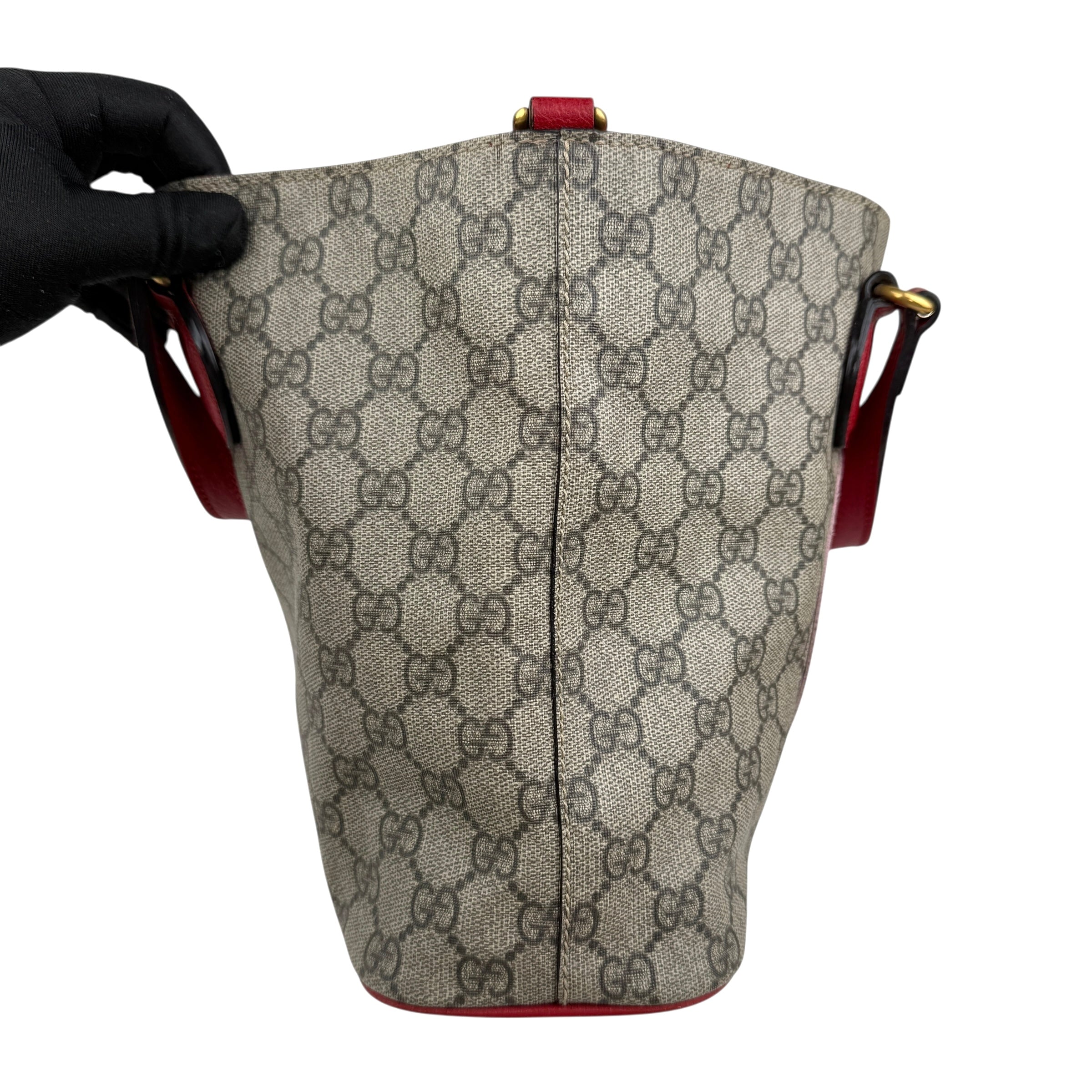 gucci beige/brown cc supreme coated canvas red leather bosco tote bag left