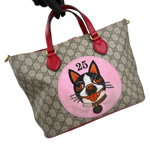 gucci beige/brown cc supreme coated canvas red leather bosco tote bag left front 45