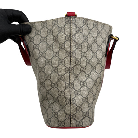 gucci beige/brown cc supreme coated canvas red leather bosco tote bag left