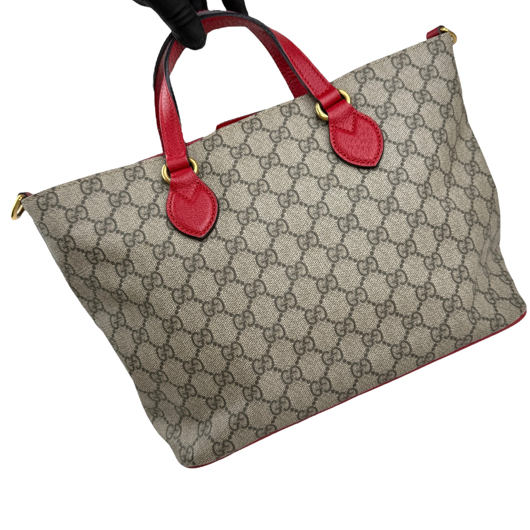 gucci beige/brown cc supreme coated canvas red leather bosco tote bag right front 45