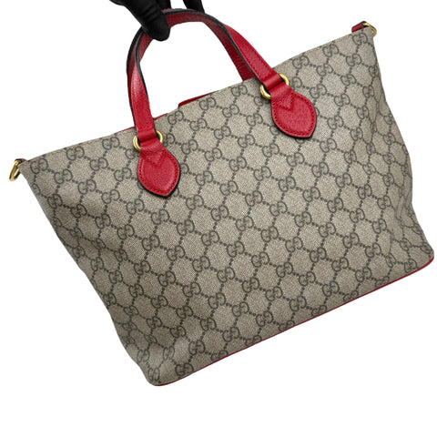 gucci beige/brown cc supreme coated canvas red leather bosco tote bag right front 45