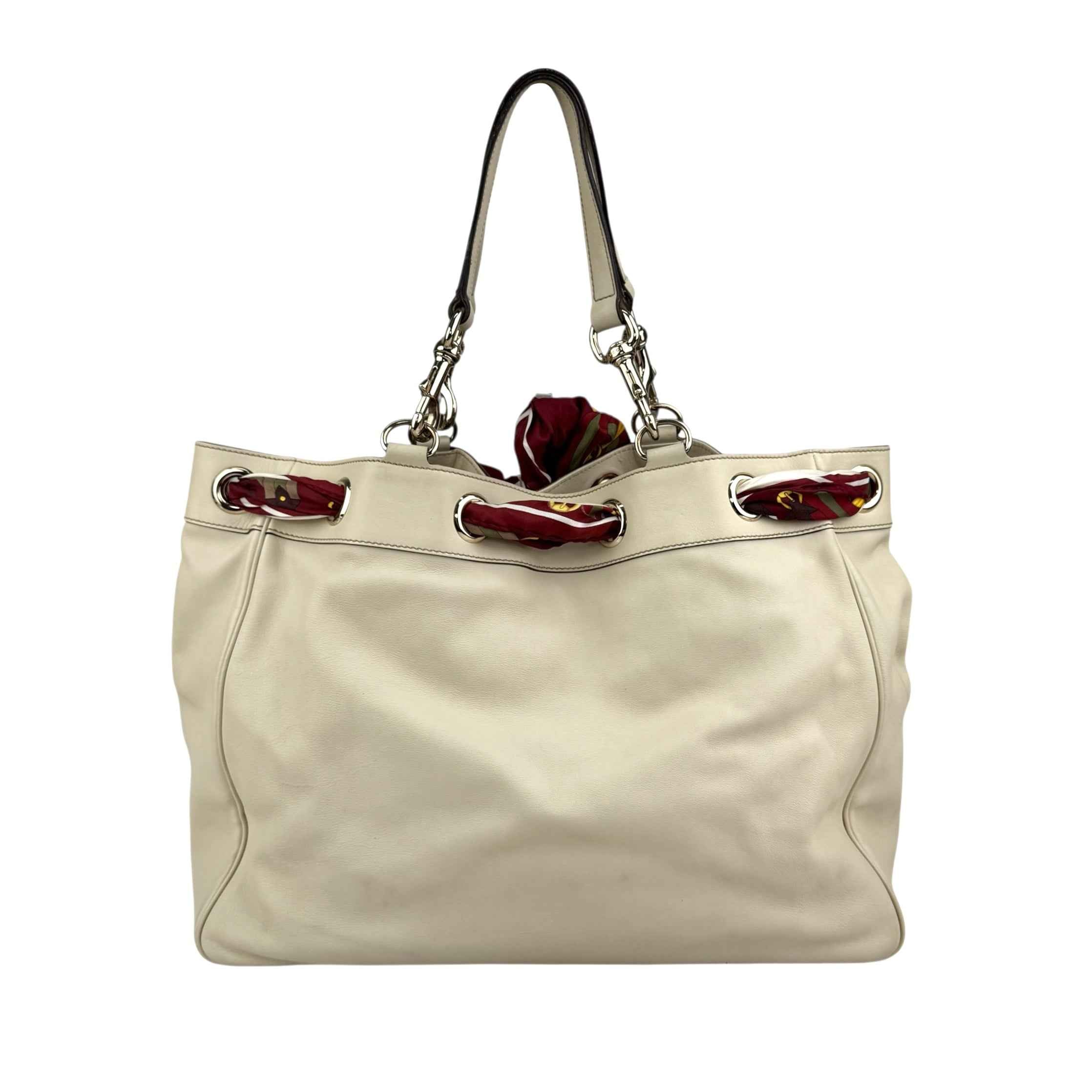 gucci beige leather positano tote bag with silk scarf back