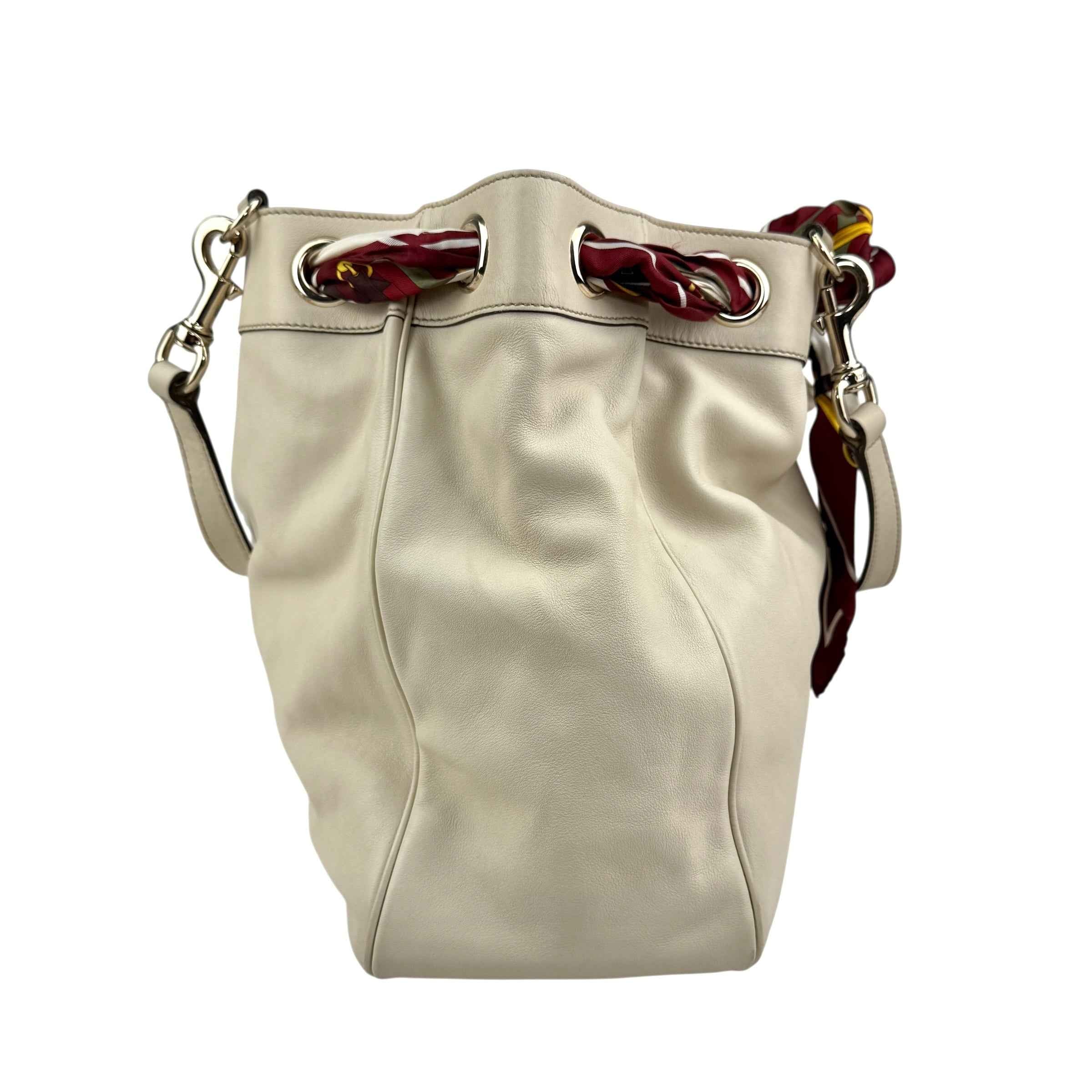 gucci beige leather positano tote bag with silk scarf left