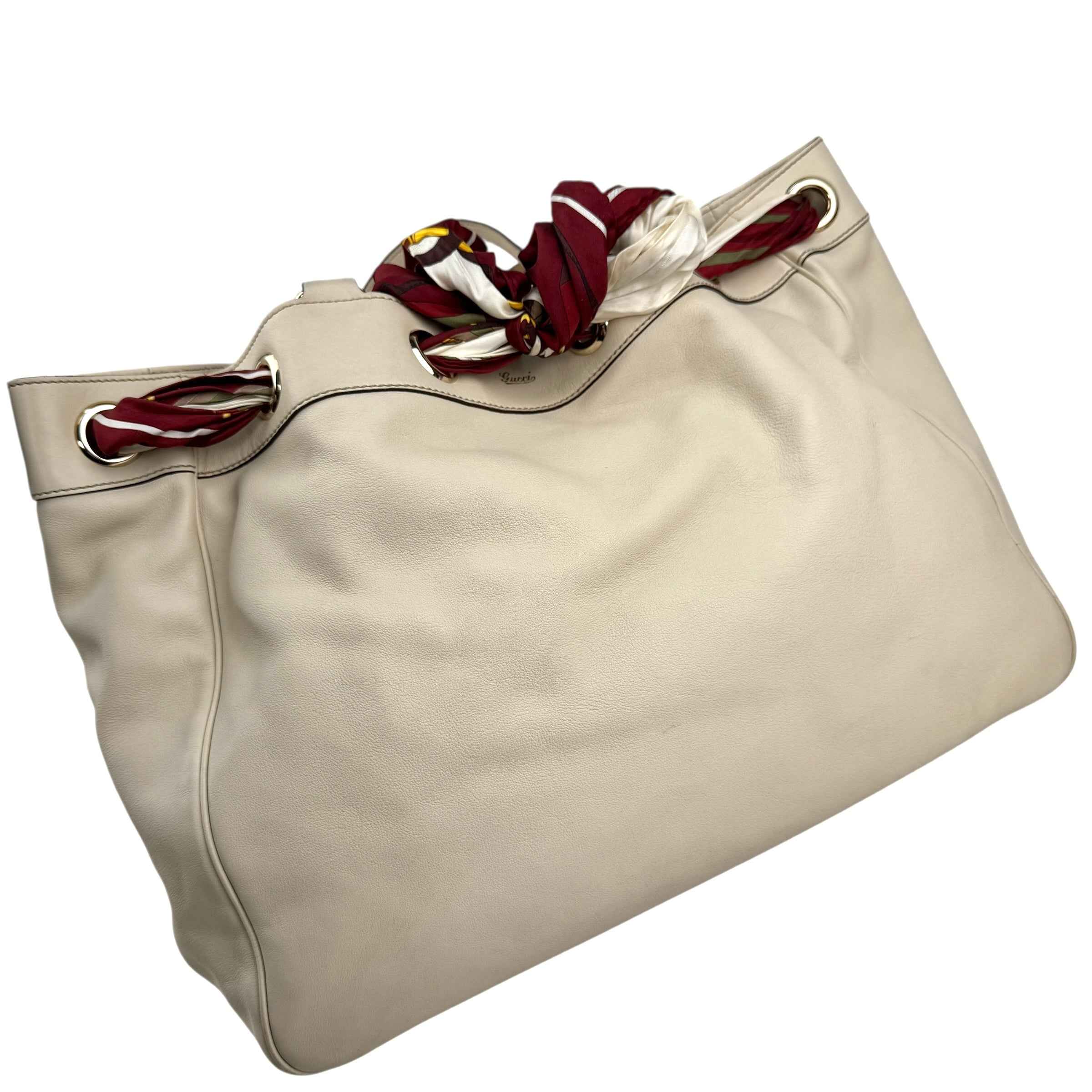 gucci beige leather positano tote bag with silk scarf left front 45