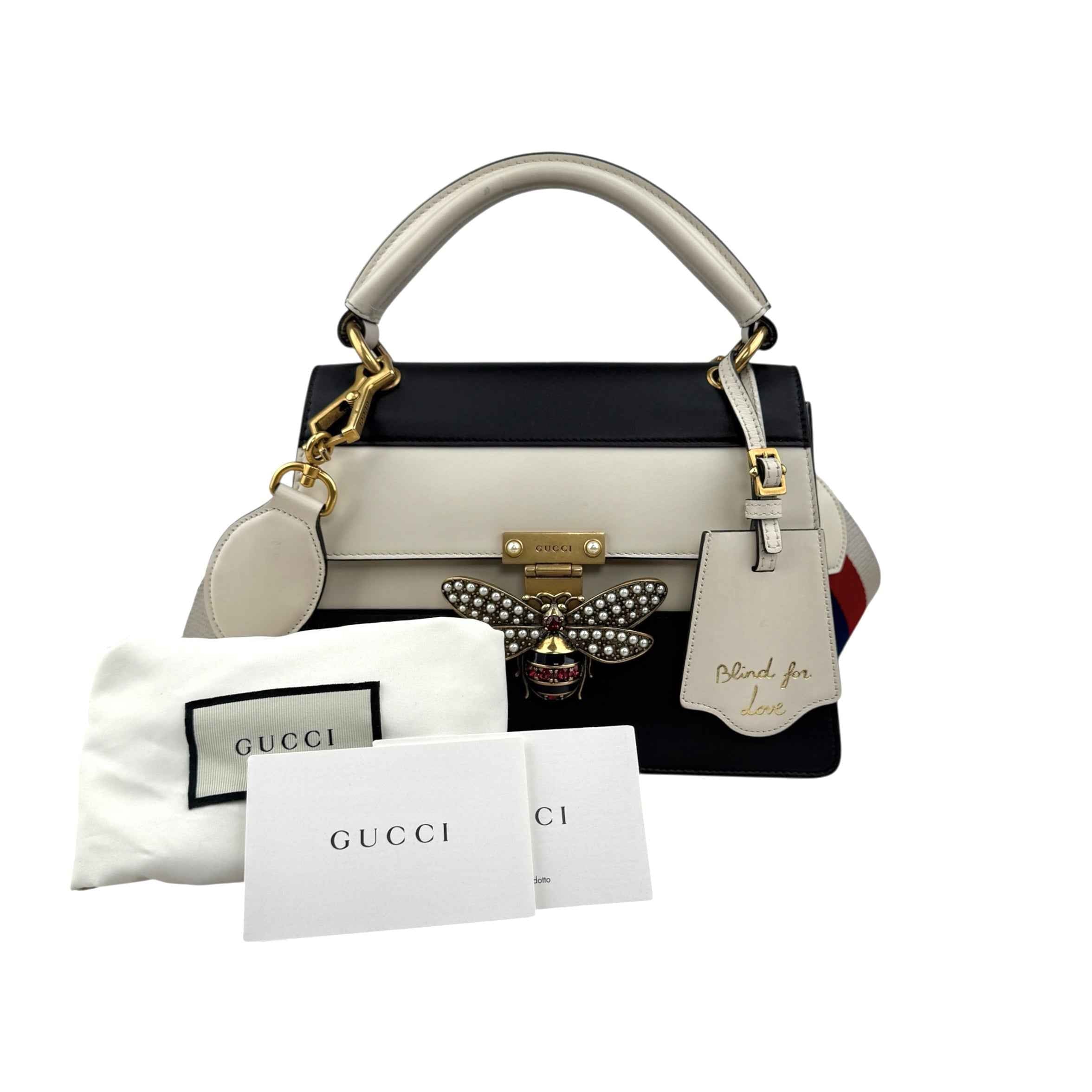 Gucci Black and White Leather Queen Margaret Top Handle Bag
