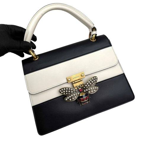 Gucci Black and White Leather Queen Margaret Top Handle Bag