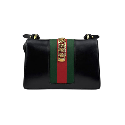 gucci black leather web sylvie shoulder bag back