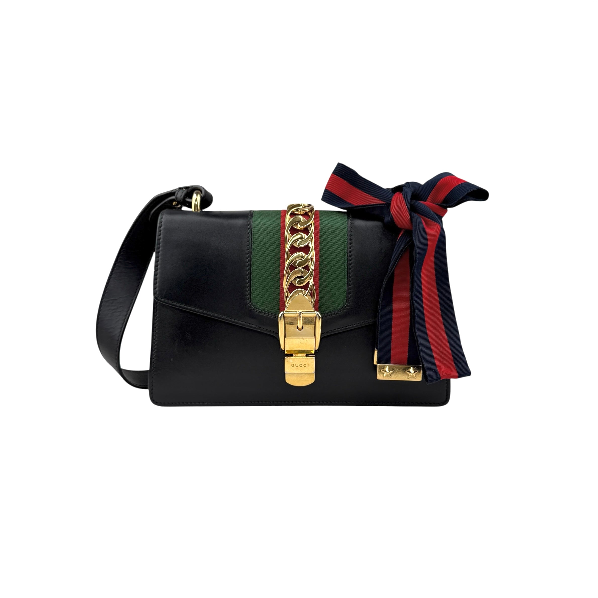 gucci black leather web sylvie shoulder bag front