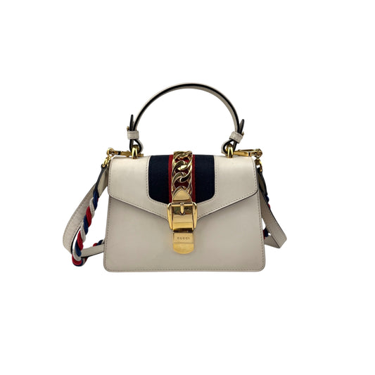 gucci calfskin mini sylvie top handle bag white front