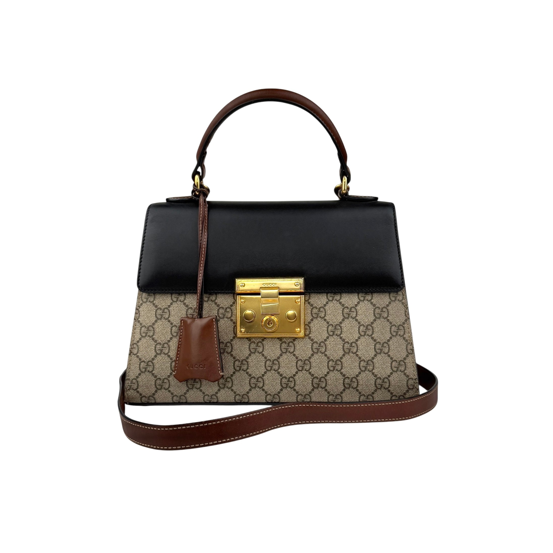 gucci gg supreme monogram calfskin padlock top handle bag front