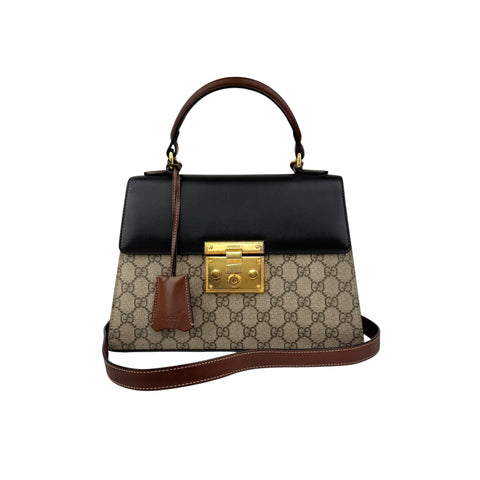 gucci gg supreme monogram calfskin padlock top handle bag front
