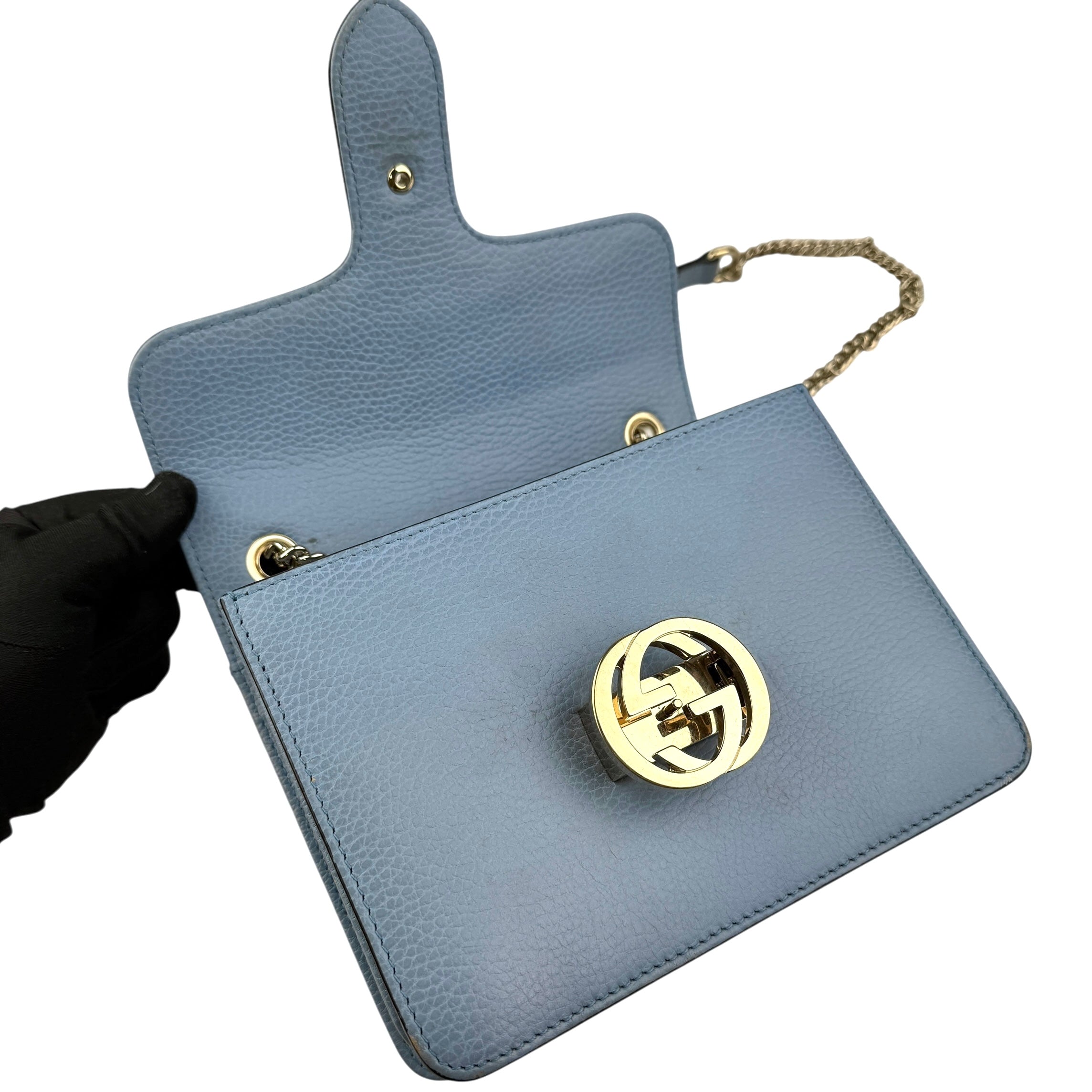 gucci light blue calfskin leather interlocking g shoulder bag hardware detail