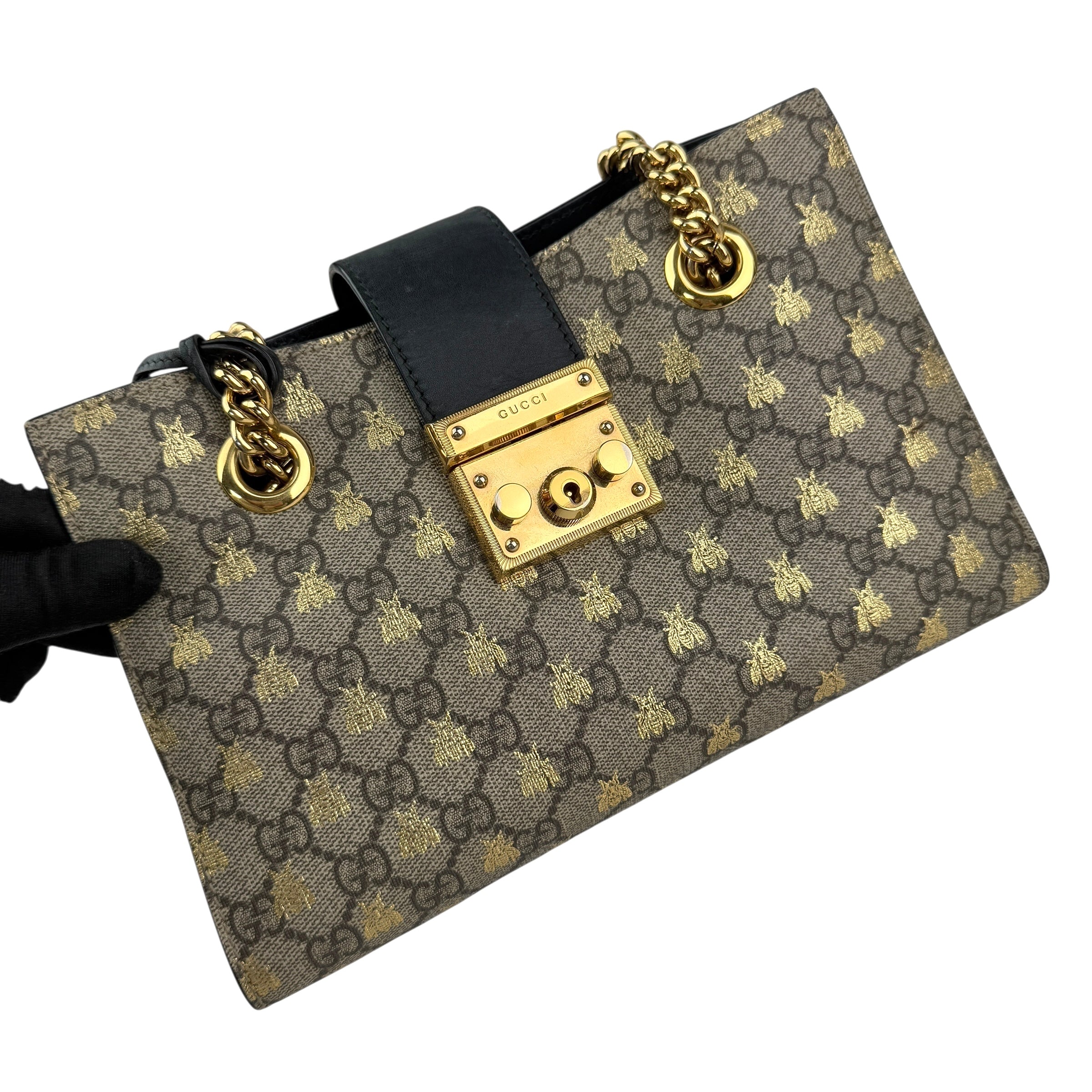 gucci padlock gg supreme bee print shoulder bag brown beige left front 45