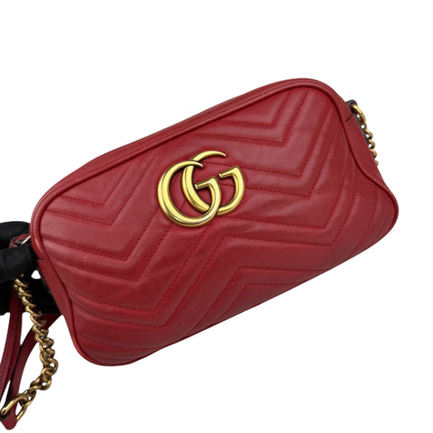 gucci red quilted leather marmont matelasse camera bag left front 45