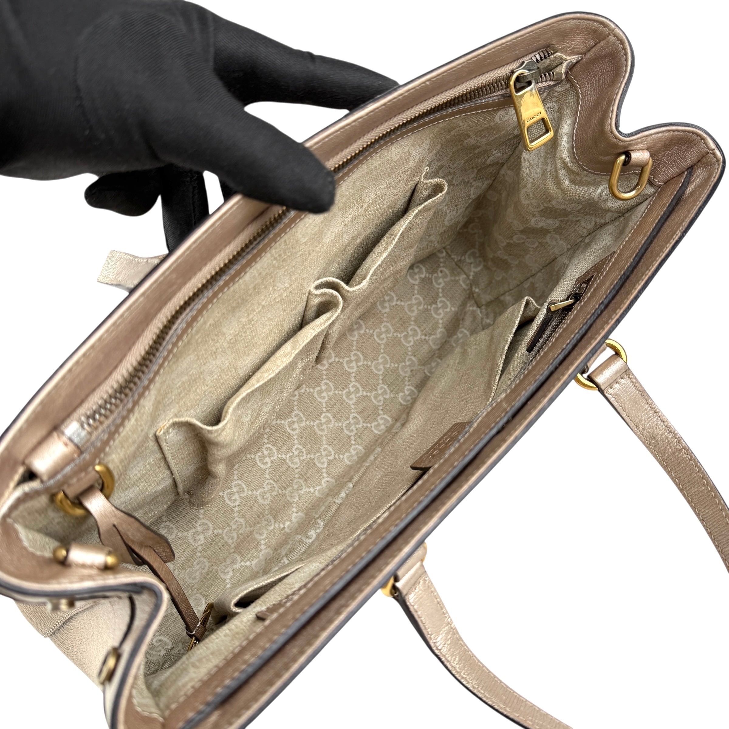 gucci rose gold leather medium bright bit tote inside