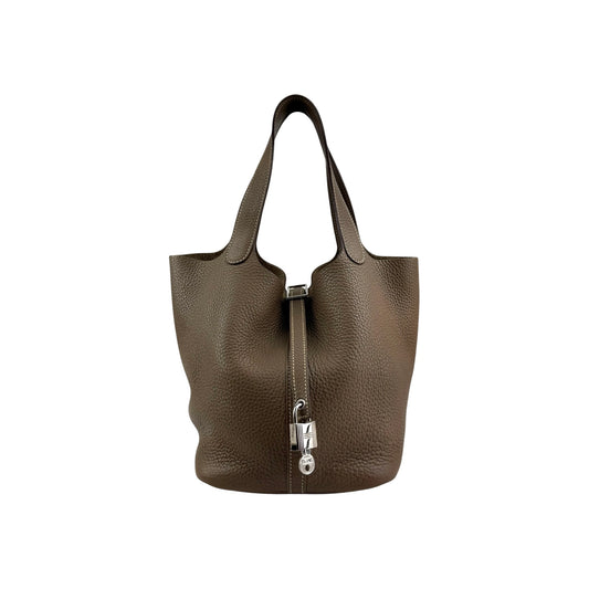 Hermes 22 Etoupe Clemence Leather Palladium Plated Picotin Bag
