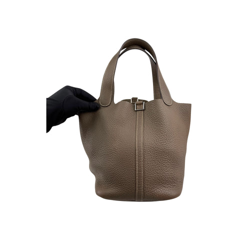 Hermes 22 Etoupe Clemence Leather Palladium Plated Picotin Bag