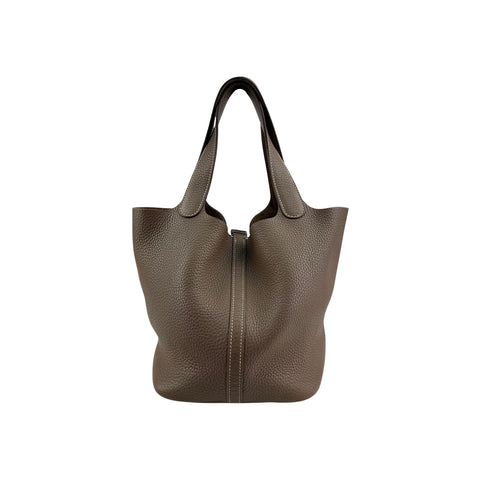 Hermes 22 Etoupe Clemence Leather Palladium Plated Picotin Bag