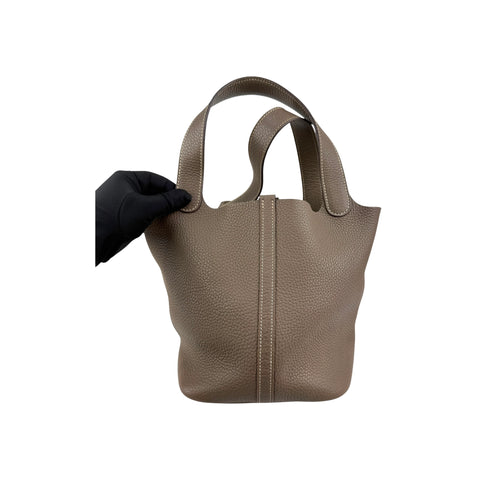 Hermes 22 Etoupe Clemence Leather Palladium Plated Picotin Bag