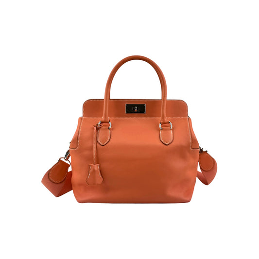 Hermes 26cm Orange Swift Leather Palladium Plated Toolbox Bag