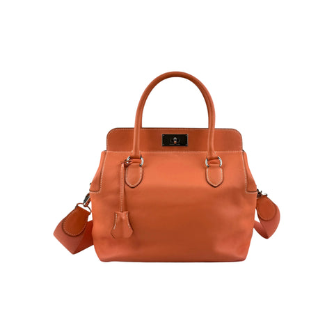 Hermes 26cm Orange Swift Leather Palladium Plated Toolbox Bag