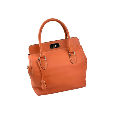 Hermes 26cm Orange Swift Leather Palladium Plated Toolbox Bag