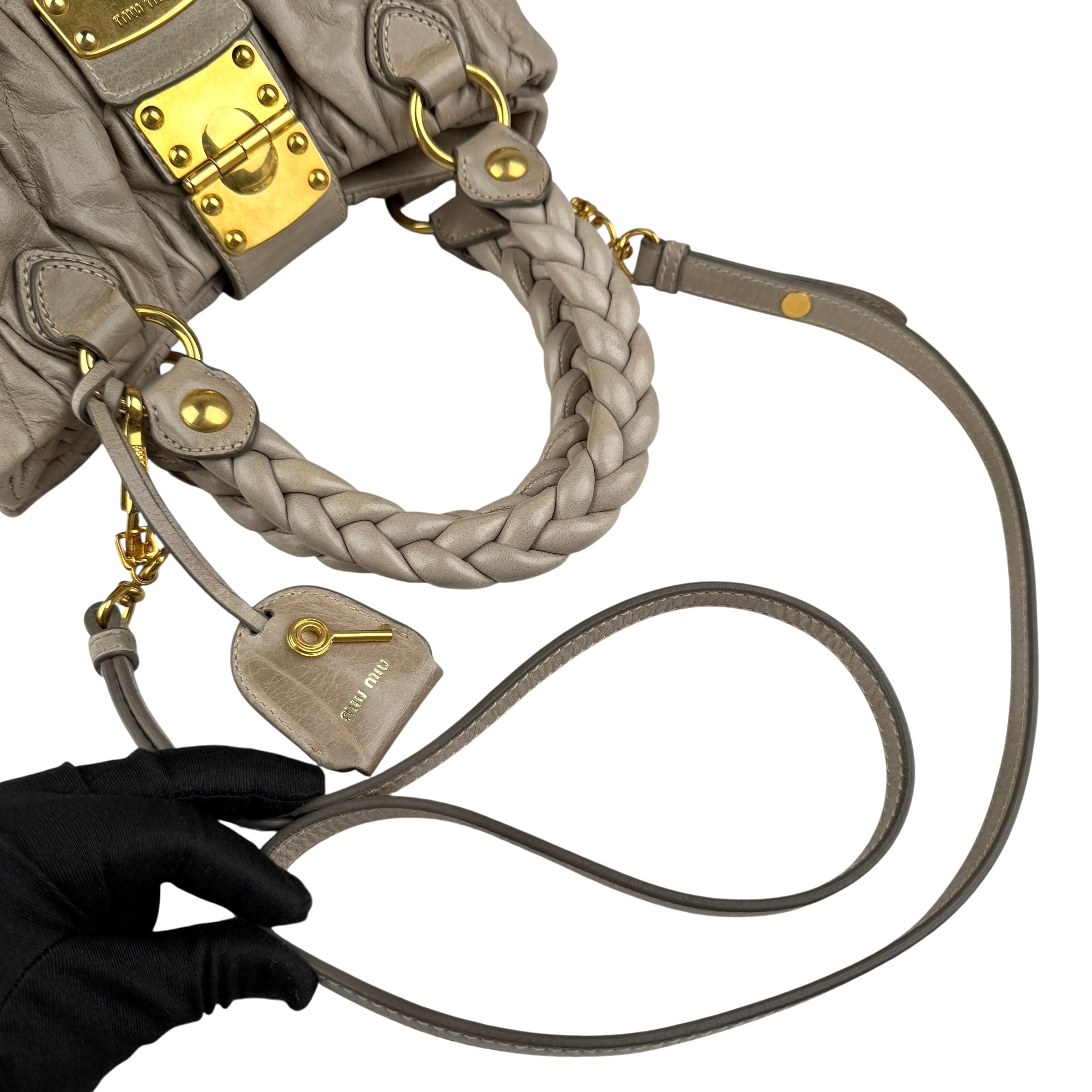 miu miu matelasse two-way handbag handle detail
