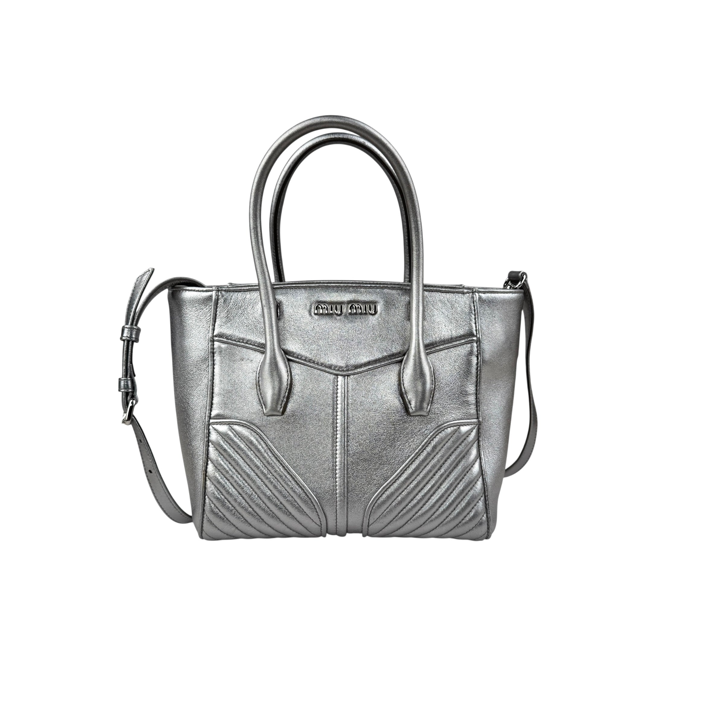 miu miu nappa biker womens silver leather shoulder handbag front