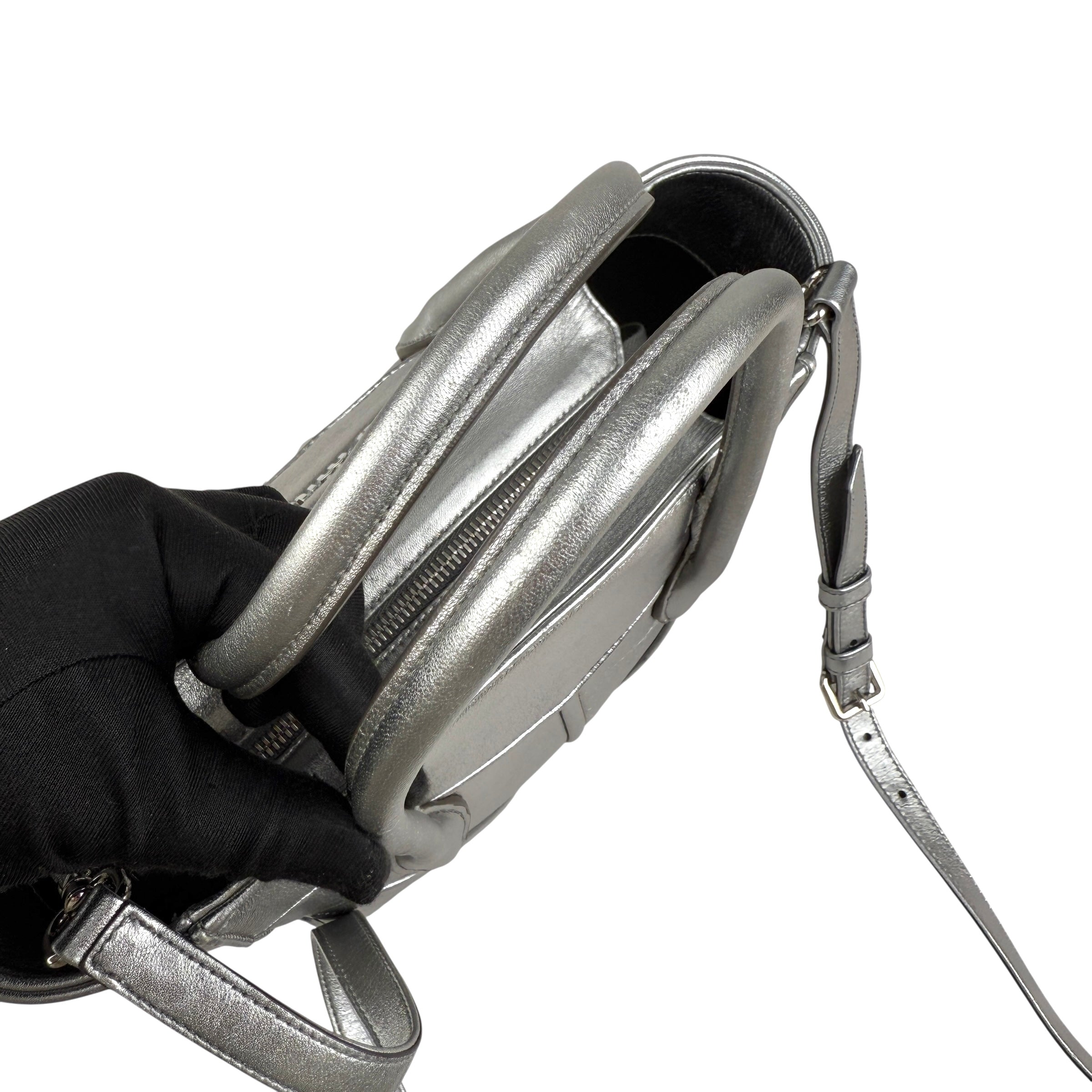 miu miu nappa biker womens silver leather shoulder handbag handle detail