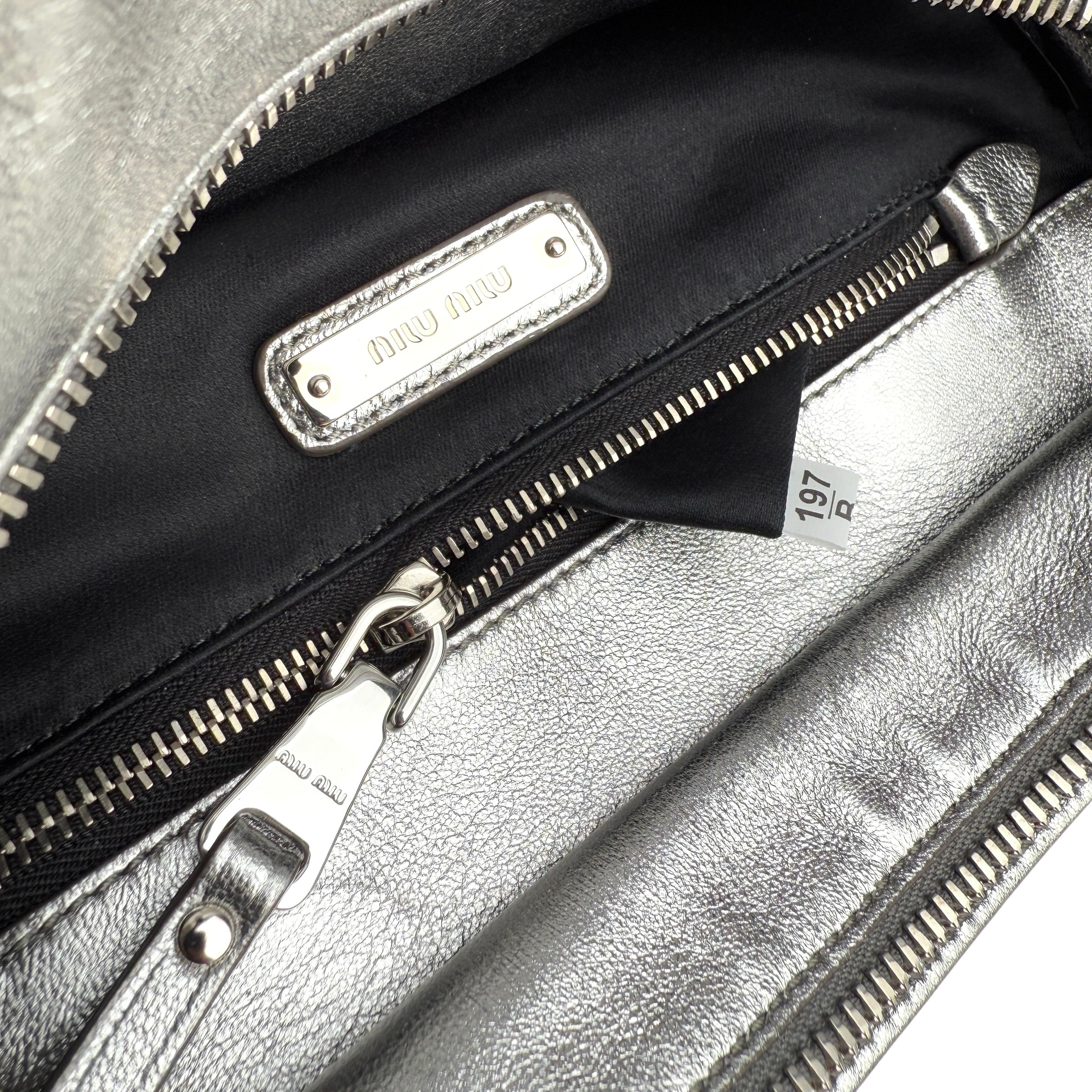 miu miu nappa biker womens silver leather shoulder handbag inside pocket detail