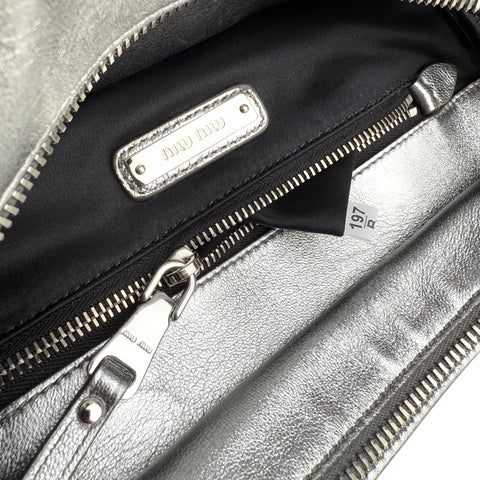 miu miu nappa biker womens silver leather shoulder handbag inside pocket detail