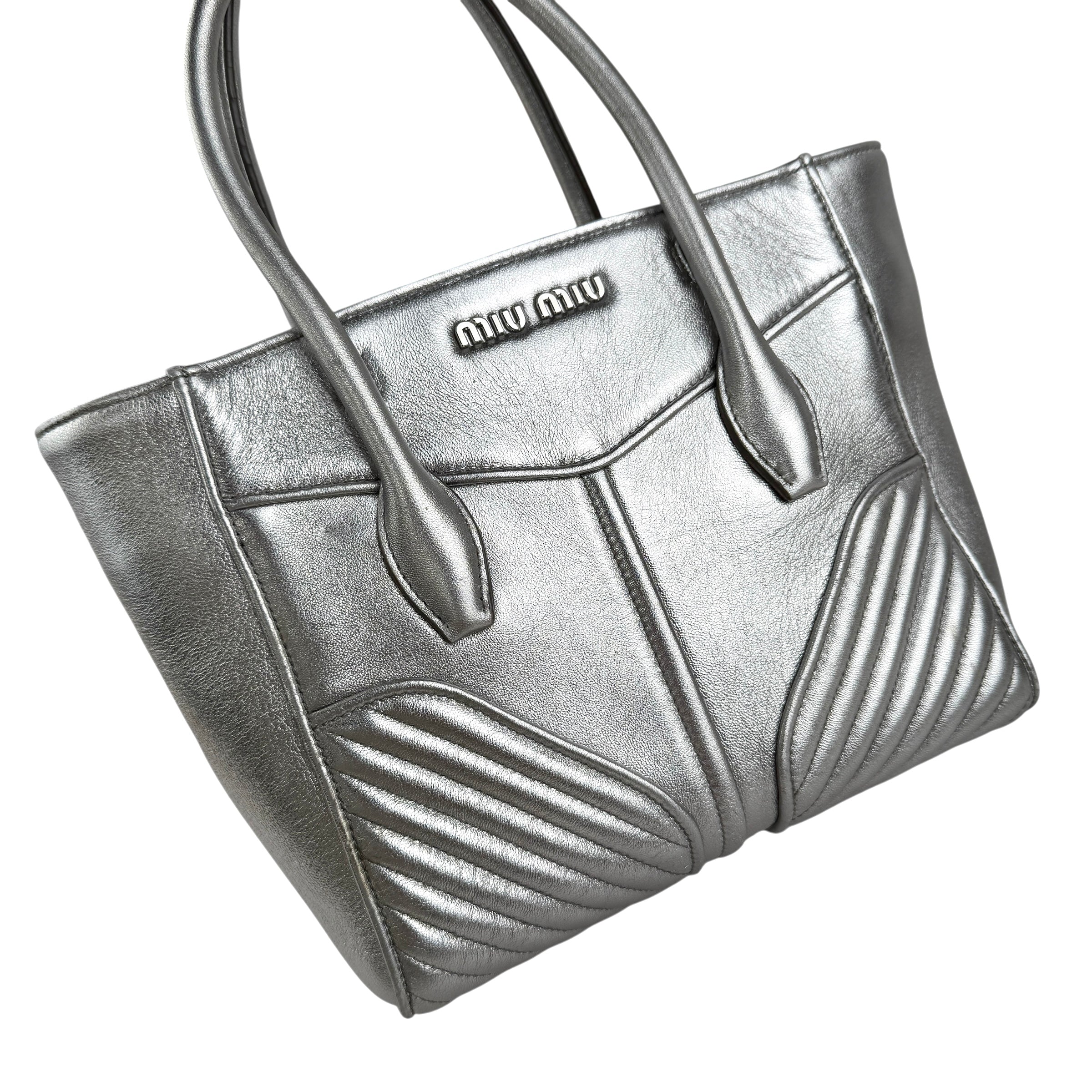 miu miu nappa biker womens silver leather shoulder handbag left front 45