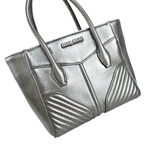 miu miu nappa biker womens silver leather shoulder handbag left front 45