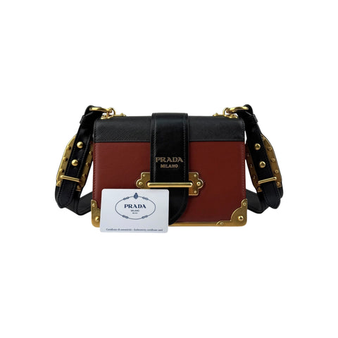 Prada Black/Brick Brown Leather Cahier Shoulder Bag