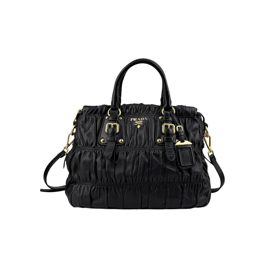 Prada Black Gaufre Tessuto Nylon and Leather Shopping Tote Bag