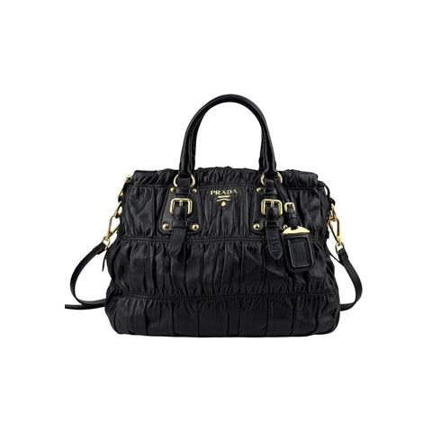 Prada Black Gaufre Tessuto Nylon and Leather Shopping Tote Bag