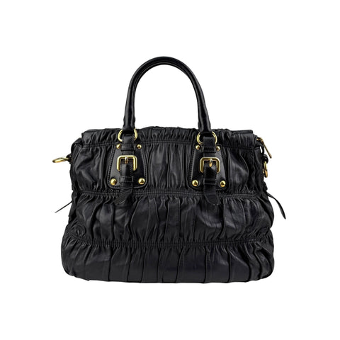 Prada Black Gaufre Tessuto Nylon and Leather Shopping Tote Bag