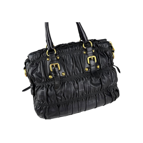 Prada Black Gaufre Tessuto Nylon and Leather Shopping Tote Bag