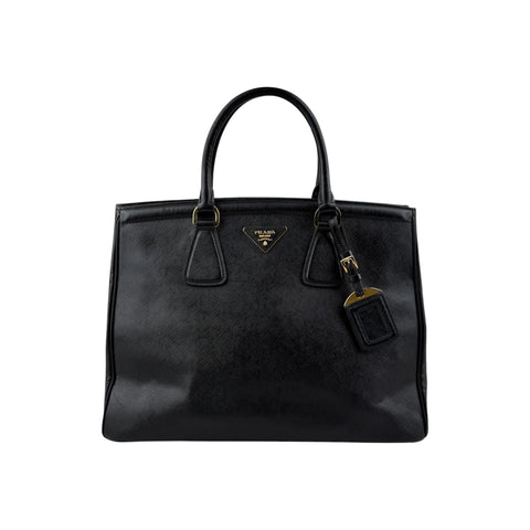 Prada Black Saffiano Vernice Leather Parabole Shopping Tote Bag