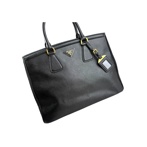 Prada Black Saffiano Vernice Leather Parabole Shopping Tote Bag