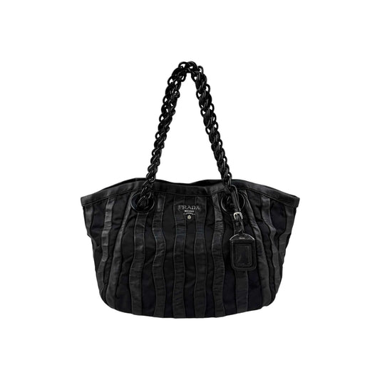 Prada Black Tessuto Nylon and Nappa Leather Stripes Tote Bag