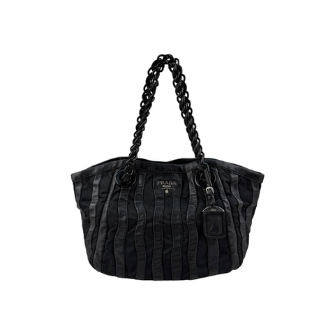Prada Black Tessuto Nylon and Nappa Leather Stripes Tote Bag