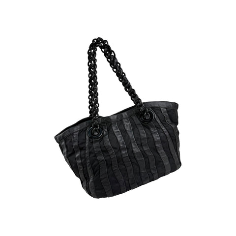 Prada Black Tessuto Nylon and Nappa Leather Stripes Tote Bag