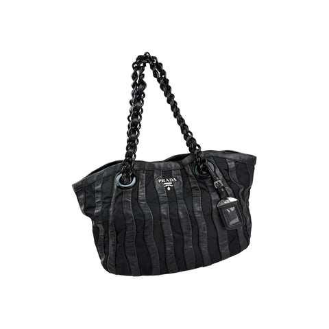 Prada Black Tessuto Nylon and Nappa Leather Stripes Tote Bag