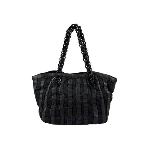 Prada Black Tessuto Nylon and Nappa Leather Stripes Tote Bag